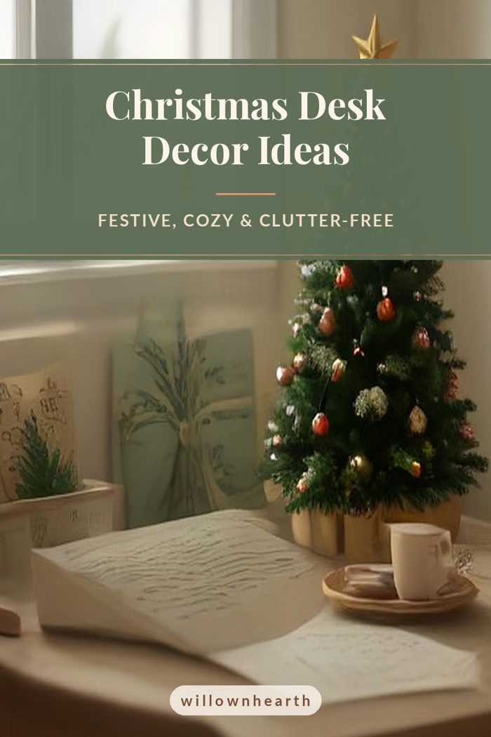 Pin graphic: Christmas Desk Decor Ideas, over a festive desk with a small tree and fairy lights