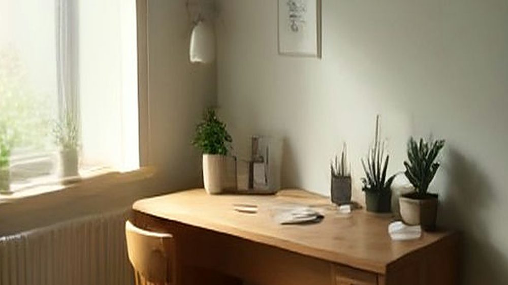 A small cozy bedroom office nook with a slim wooden desk next to a linen bed
