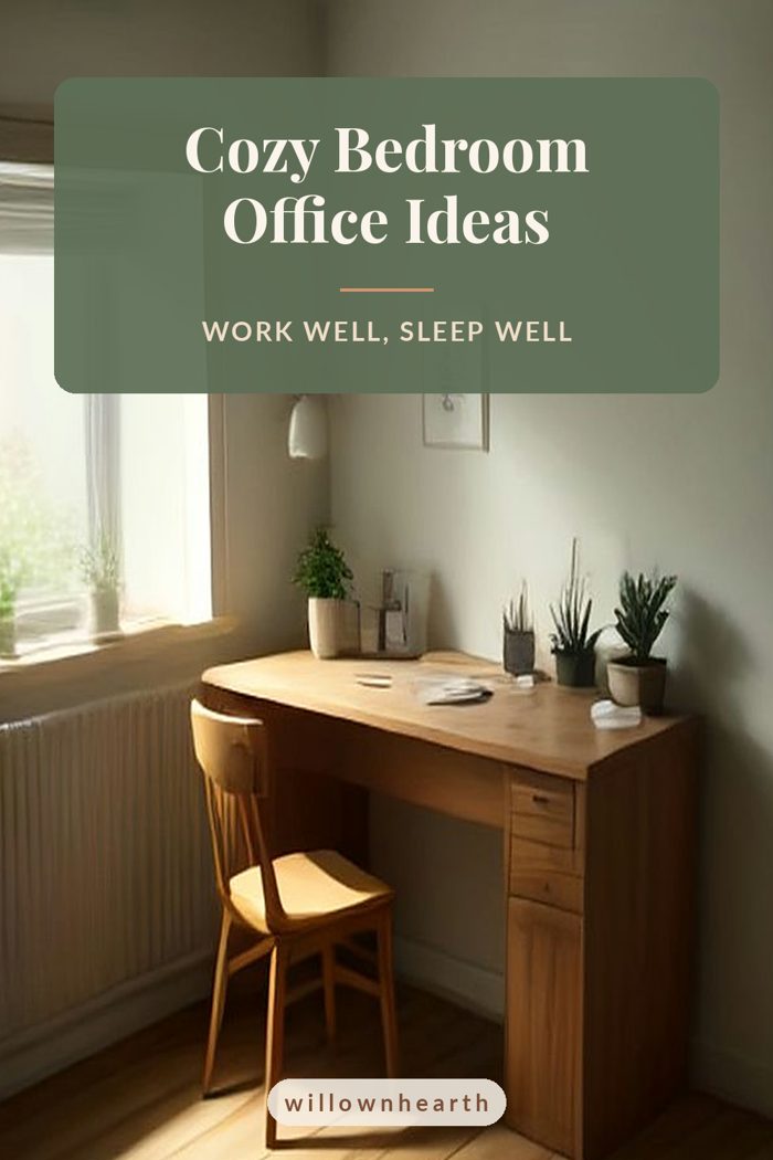 Pin graphic: Cozy Bedroom Office Ideas, over a small desk nook beside a neatly made bed