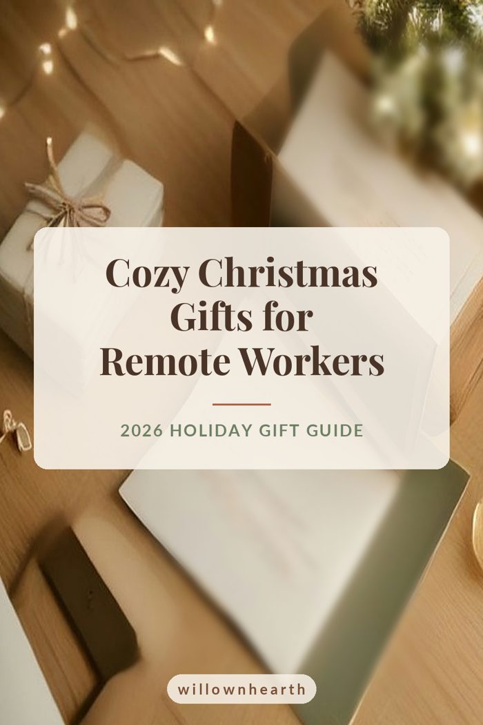 Pin graphic: Cozy Christmas Gifts for Remote Workers, over wrapped holiday gifts on a cozy desk