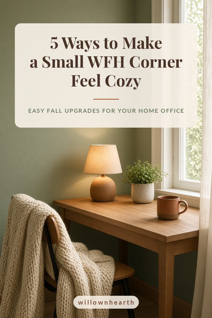 Pin graphic: 5 Ways to Make a Small WFH Corner Feel Cozy, over a warm, softly lit desk nook