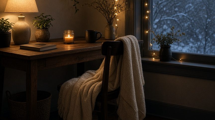 A home office desk glowing with warm lamp light on a dark winter afternoon