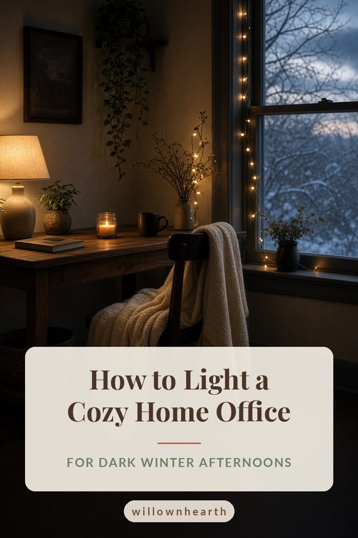 Pin graphic: How to Light a Cozy Home Office for dark winter afternoons