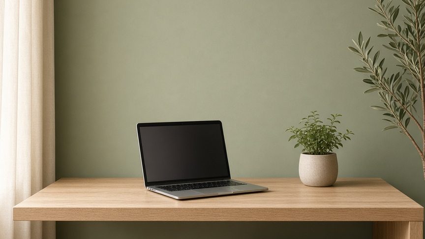 A tidy wooden desk with no visible cords in a calm, cozy home office
