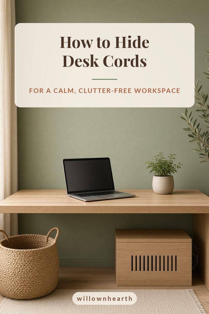 Pin graphic: How to Hide Desk Cords for a calm, clutter-free workspace