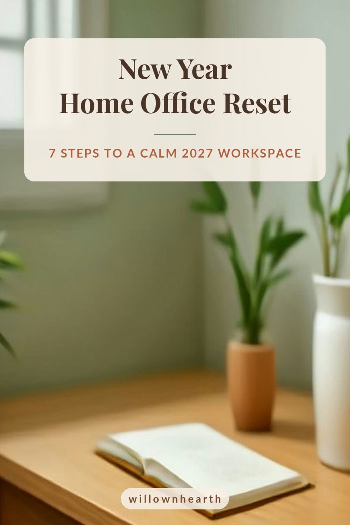 Pin graphic: New Year Home Office Reset, over a clean minimal wooden desk with a notebook