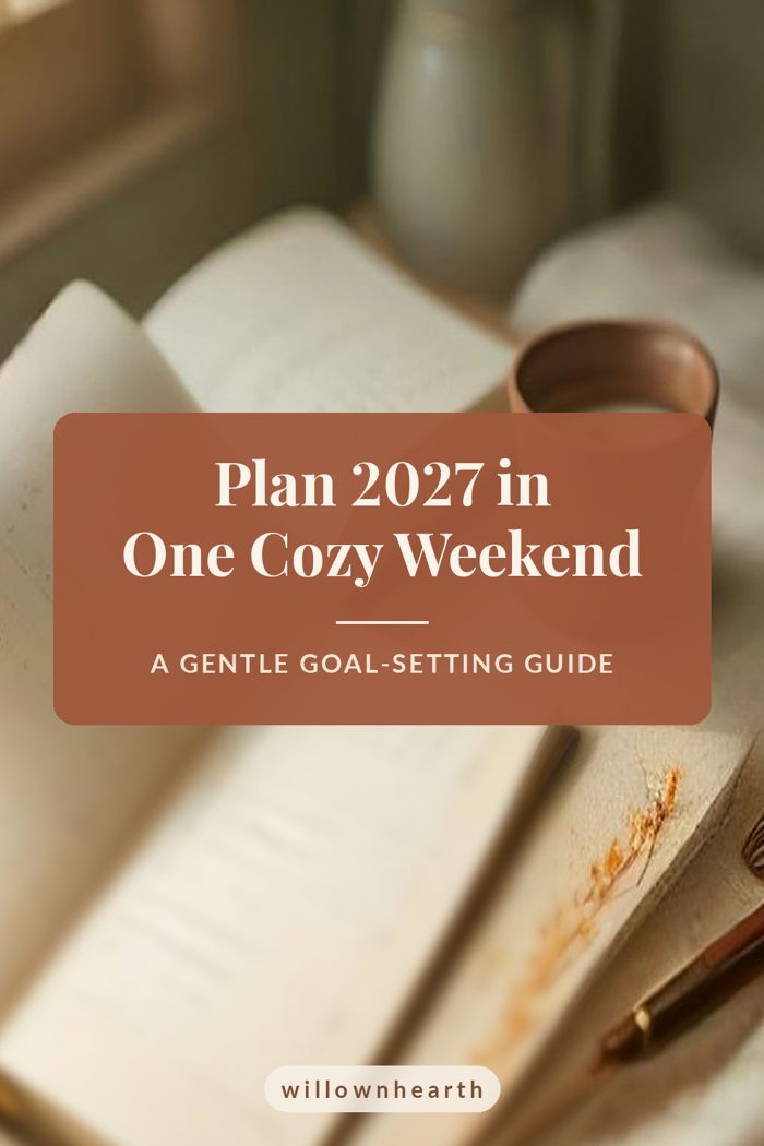 Pin graphic: Plan 2027 in One Cozy Weekend, over an open planner and coffee on a cozy bed