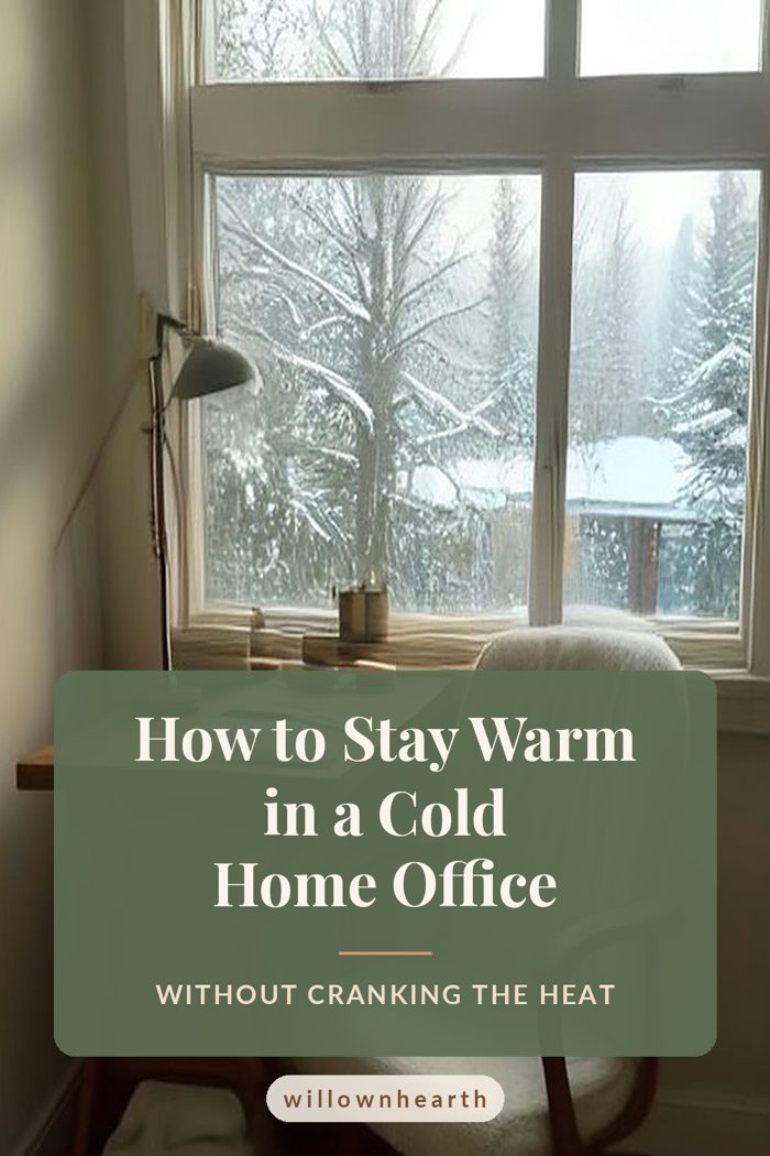 Pin graphic: How to Stay Warm in a Cold Home Office, over a cozy desk by a snowy window