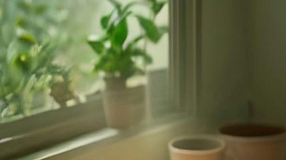 A cozy desk by a winter window with a small humidifier, a plant and a mug of tea